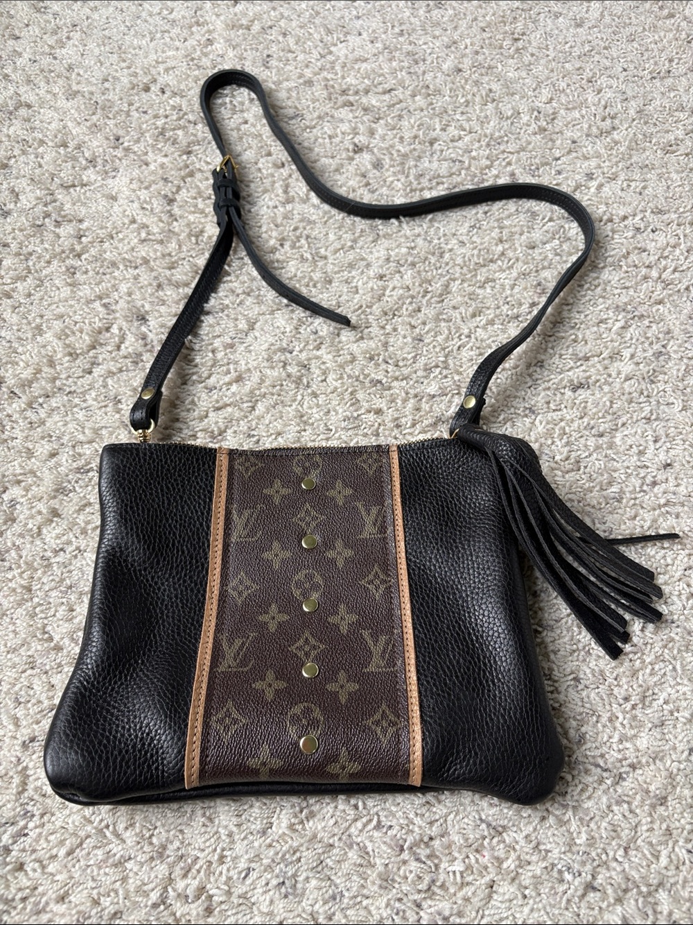 Upcycled Black Leather Crossbody with Brown Monogram Center and Tassel